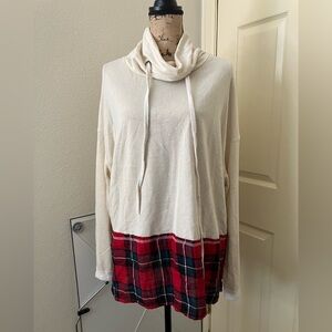 Umgee usa Cream plaid Knit cowl neck sweater top boho large L